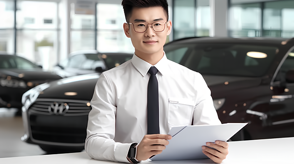 汽車(chē)旗艦店亞洲男銷(xiāo)售員銷(xiāo)售場(chǎng)景攝影圖